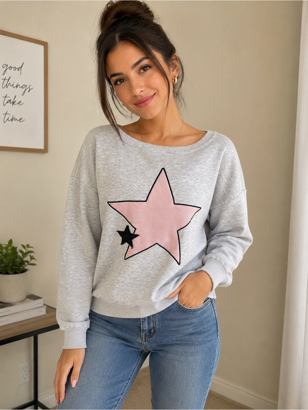 Cozy Gray Sweatshirt with Pink Star Graphic